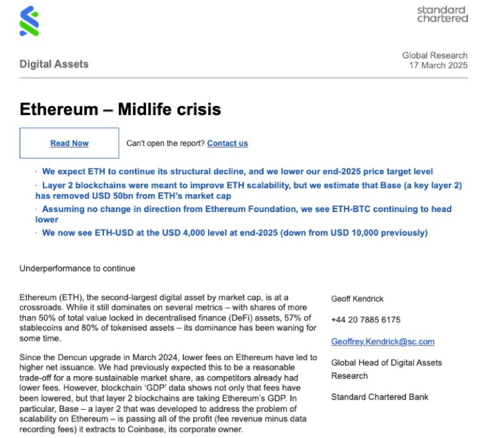 Standard Chartered revises Ethereum forecast