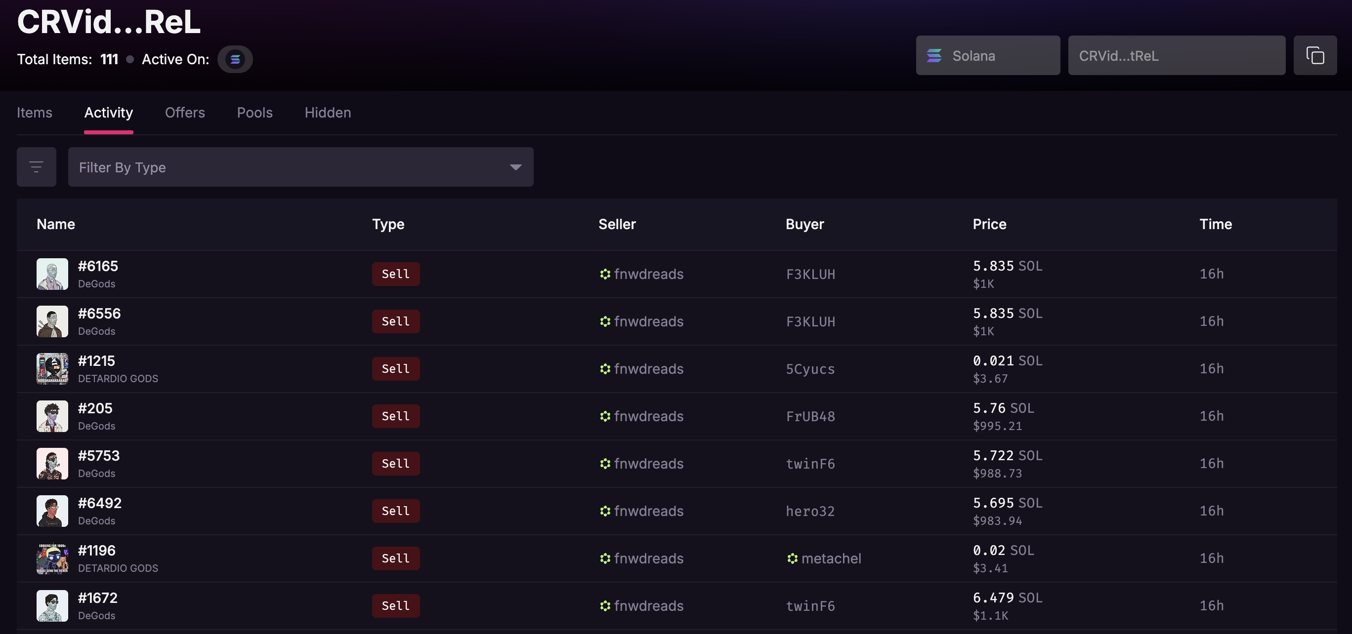 Magic Eden-де сатылған Frank-тің NFT тізімі. Дереккөз: Magic Eden