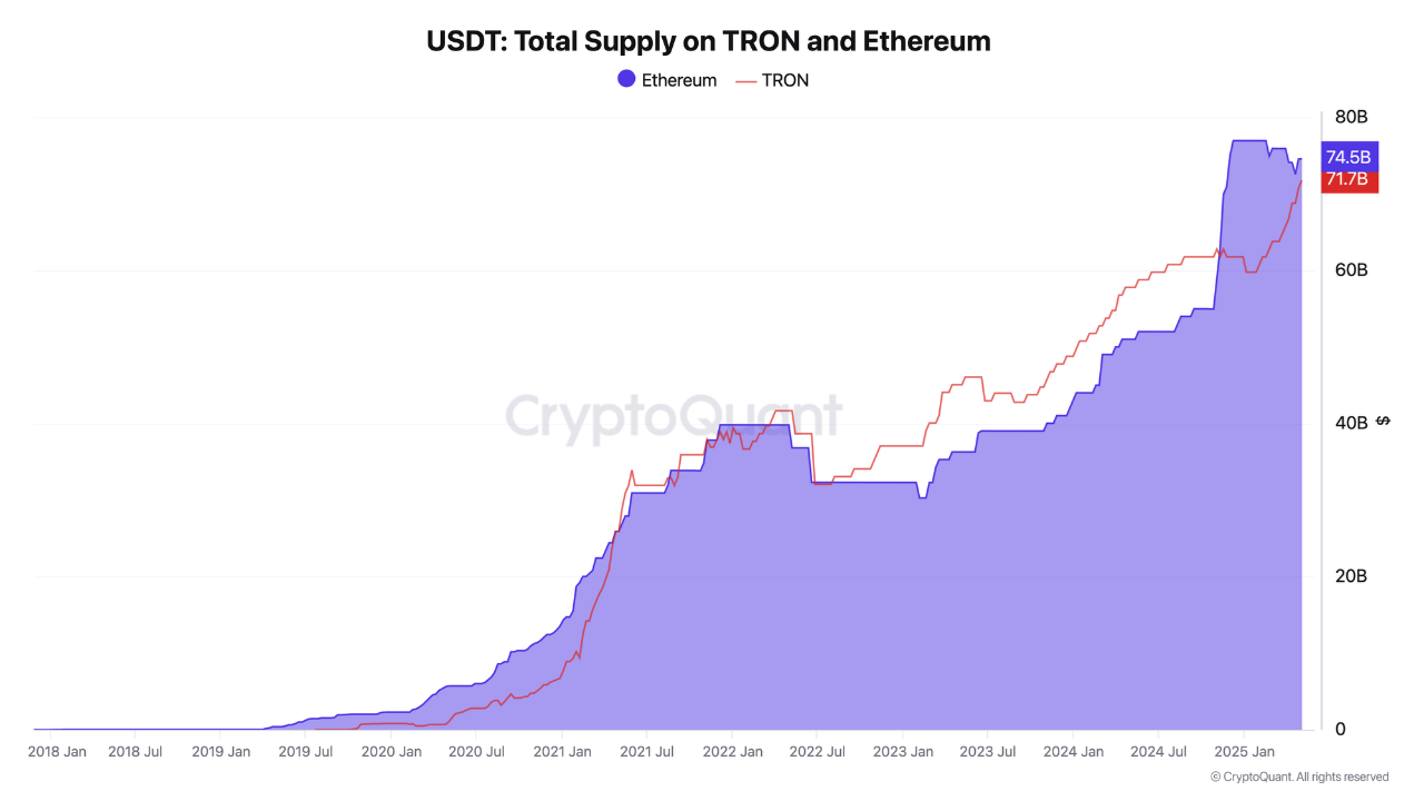 TRON және Ethereum-дағы USDT жалпы ұсынысы. Дереккөз: CryptoQuant