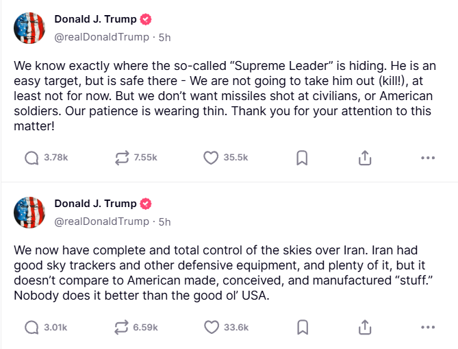 АҚШ президенті Дональд Трамптың қақтығысқа қатысты ескертуі, 17 маусым, 2025 жыл. Дереккөз: Truth Social