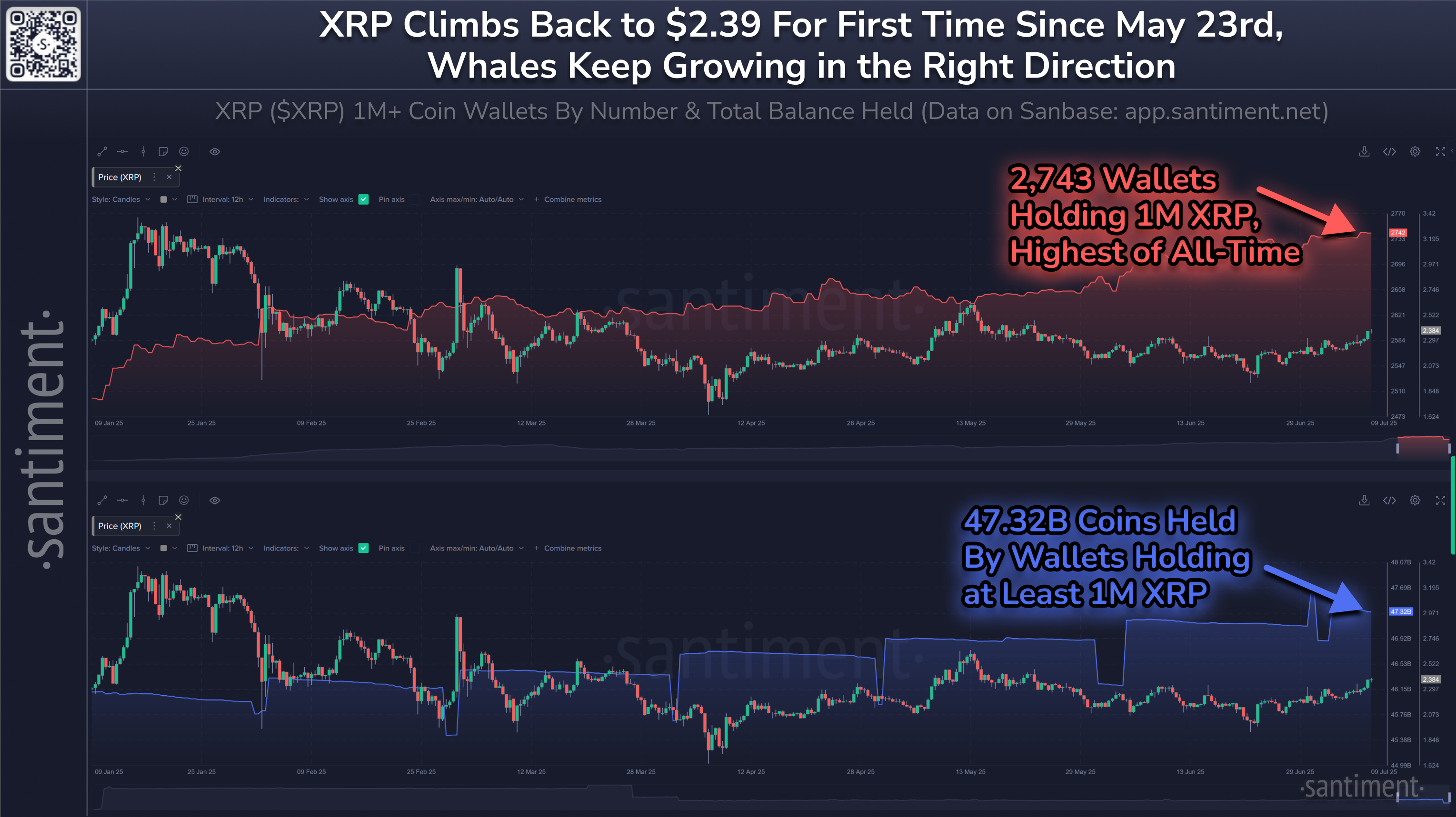 XRP бағасы және жыл басынан бері XRP киттерінің саны. Дереккөз: Santiment.